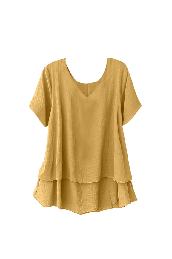 Summer Top for Women Short Sleeve Crew Neck Layered Ruffle Hem Tunics Blouse Vacation Casual Loose Flowy High-Low Hem Summer Shirts Yellow XL