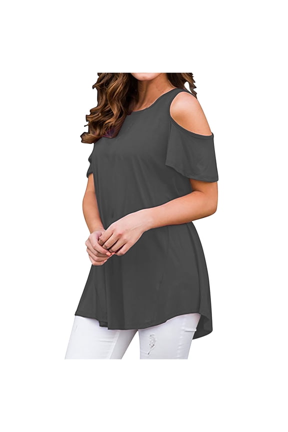 Summer Tops for Women Short Sleeve Cold Shoulder Crew Neck Tunics Blouse Business Work Vacation Casual Loose Flowy Long Shirts to Wear with Legging Gray 3XL
