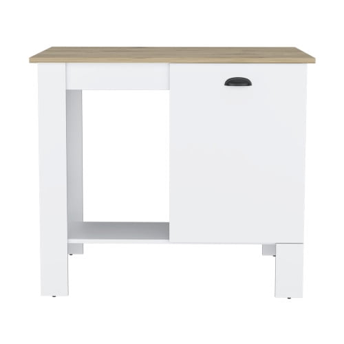 Xukmct 1 Door Kitchen Island with Shelf, Wood Top Island Table for Dining Room, Kitchen, White + Brown