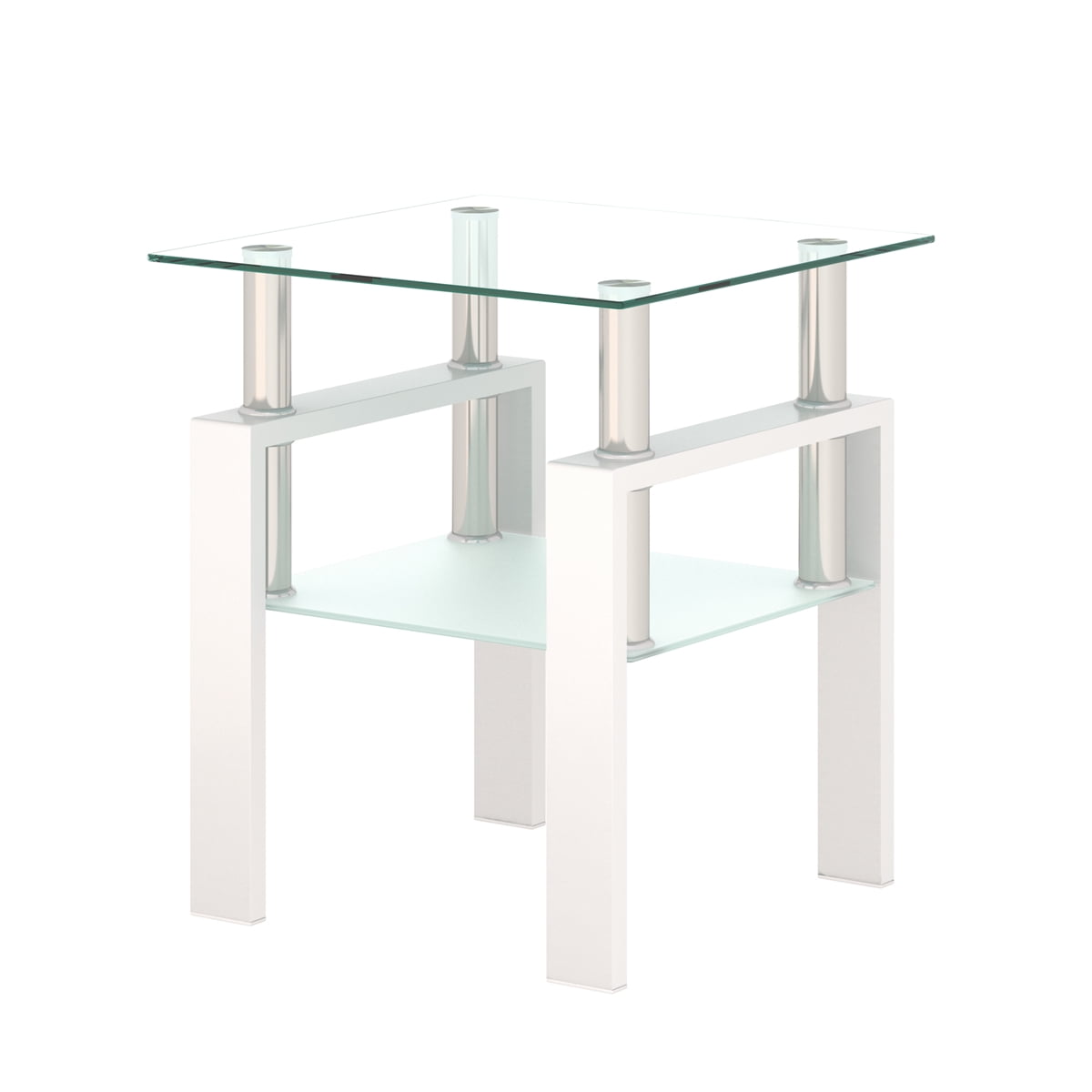White Tempered Glass and Metal Square End Table with Shelf