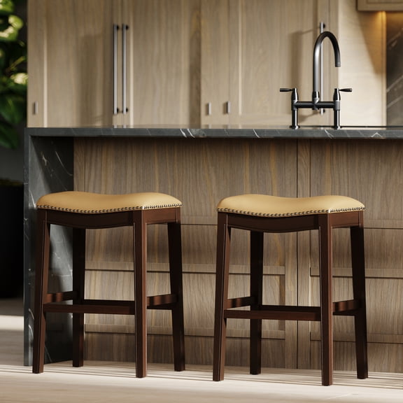 Xukmct 1 Pcs 31in Counter Height Bar Stool with Wood Frame, Faux Leather Upholstered Seat Backless Barstool for Bar, Dining Room, Tan