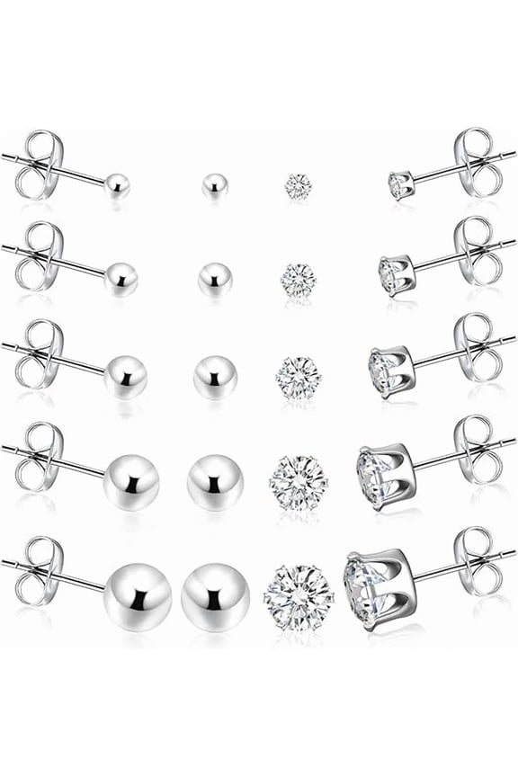 10 Pairs Round Cubic Zirconia Earrings 316L Stainless Steel Stud Earrings Lightweight Ball Ear Studs, Silver
