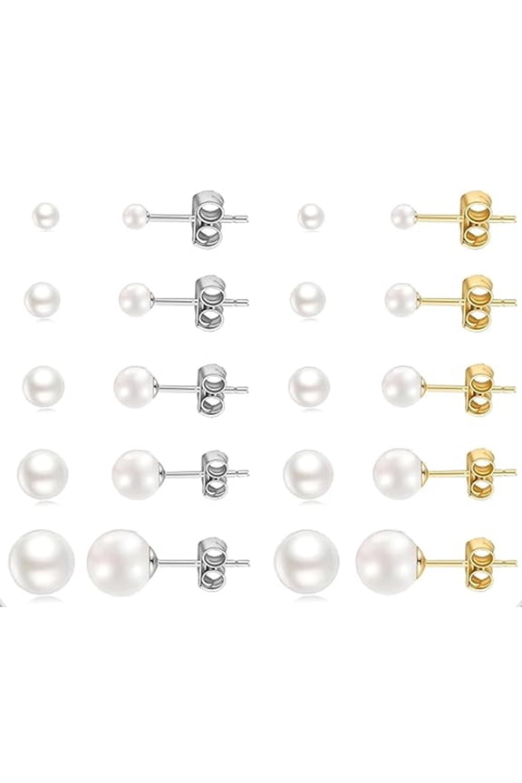 10 Pairs Round Pearl Stud Earrings Set 316L Stainless Steel Ball Studs 14K Gold Plated Earrings Stud for Women Men, Silver+Gold