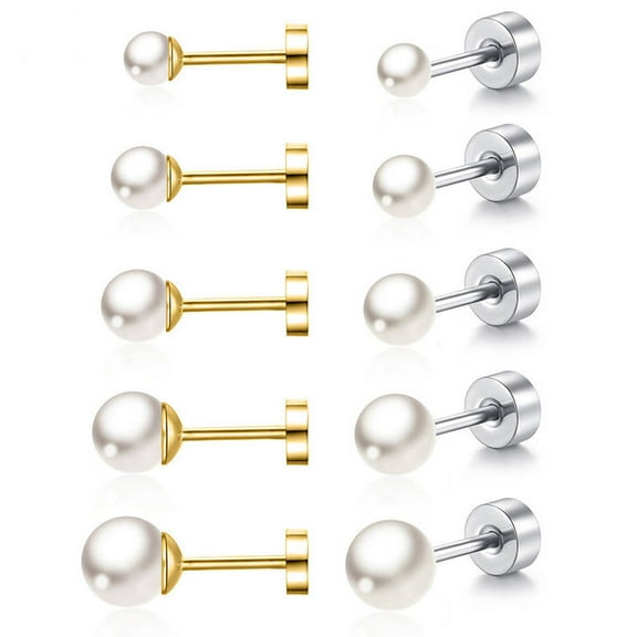 Xukmct 10 Pairs White Simulated Pearl Studs Earrings 4-9mm Round Pearl Earrings Pearl 316L Stainless Steel Earrings for Wedding Birthday, Silver+Gold