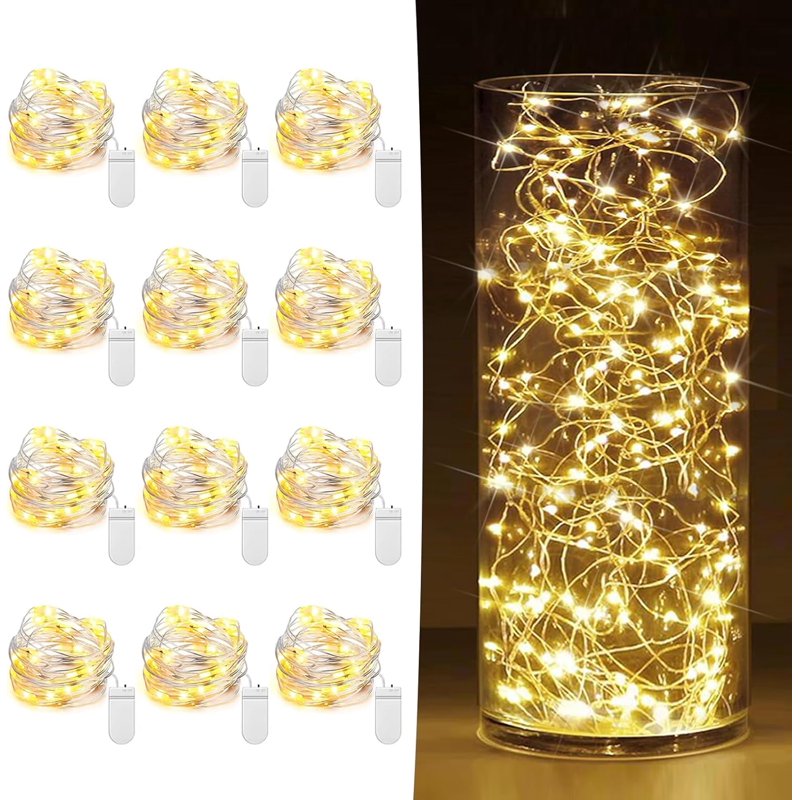Xukmct 12 Pack Fairy Light Battery Operated 3 Modes 7ft 20 Led String Lights Waterproof Small Copper Wire Light for Christmas Party Wedding, Warm White