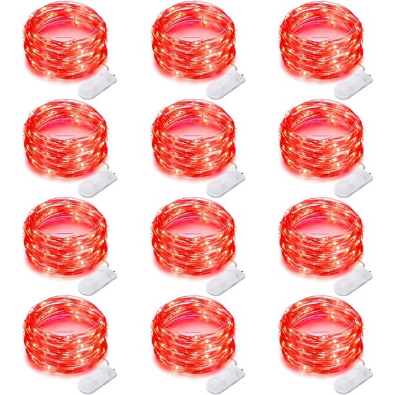 Xukmct 12 Pack Fairy Lights Battery Operated 10ft 30 LED String Lights Waterproof DIY Lights for Bedroom Patio Wedding Party Christmas Decor, Red