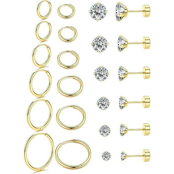 Xukmct 12 Pairs 14K Gold Plated Flat Back Earrings Hoop Stud Earrings Mini Small Hoop Earrings for Women Men, Gold