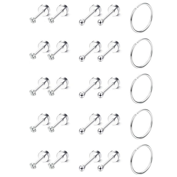 Xukmct 12 Pairs 316L Stainless Steel Hoop Earring Cubic Zirconia Earrings 2mm Ball Flat Back Stud Earrings for Women, Men, Silver