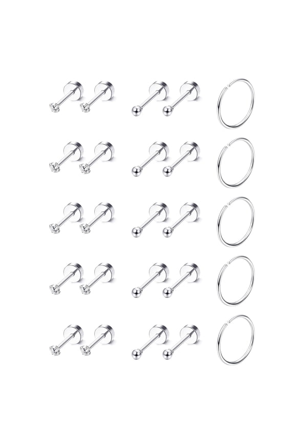 12 Pairs 316L Stainless Steel Hoop Earring Cubic Zirconia Earrings 2mm Ball Flat Back Stud Earrings for Women, Men, Silver