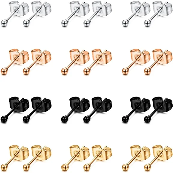 Xukmct 12 Pairs 3mm Ball Earring Studs 316L Stainless Steel Round Ball 14K Gold Plated Stud Earrings for Women Men