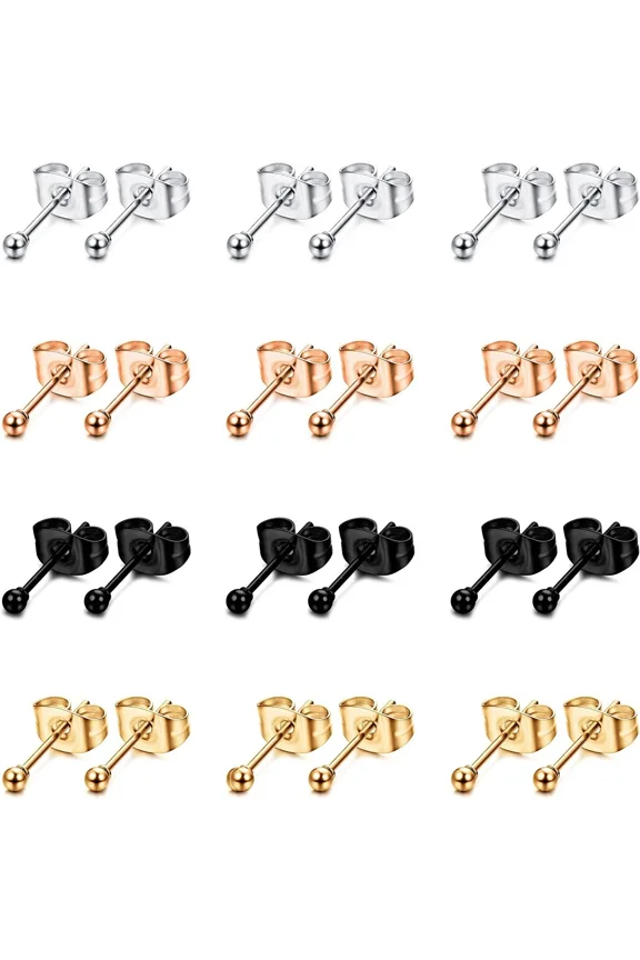 12 Pairs 3mm Ball Earring Studs 316L Stainless Steel Round Ball 14K Gold Plated Stud Earrings for Women Men