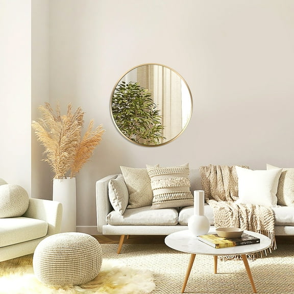 Xukmct 16 Inch Metal Frame Makeup Mirror Round Wall Hanging Mirror for Bathroom, Living Room, Gold