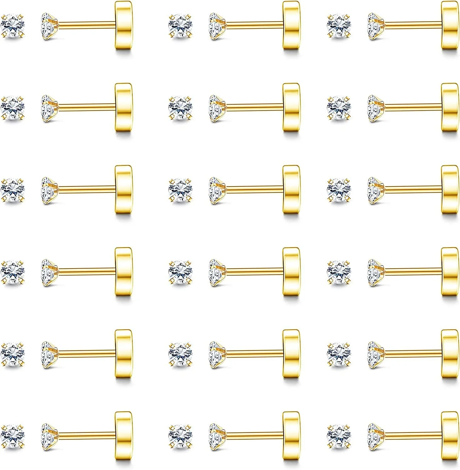 Xukmct 18 Pairs Studs Earrings 2mm Round Cubic Zirconia Earring Flatback 316L Stainless Steel Studs Earrings for Women Men, Gold