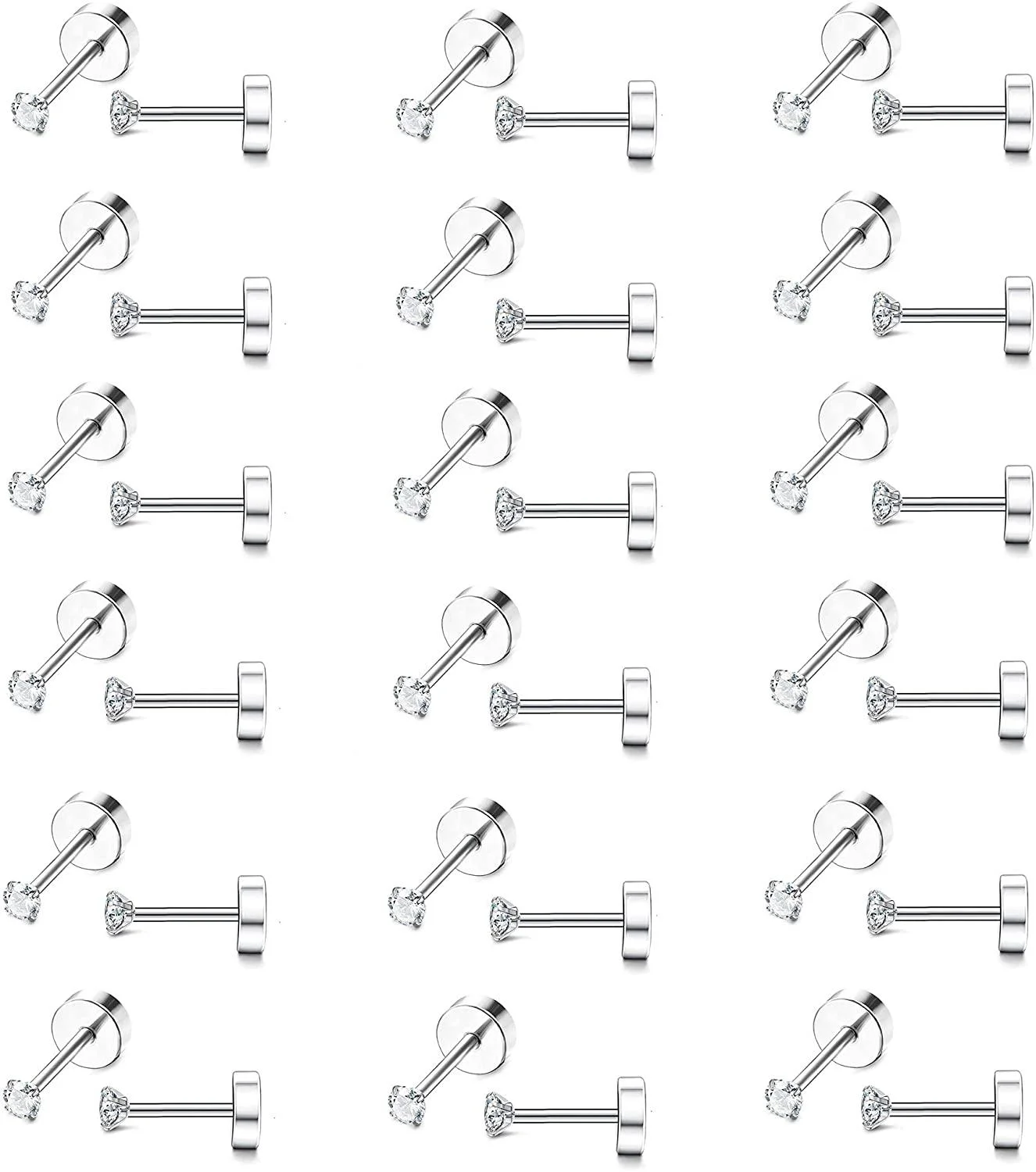 Xukmct 18 Pairs Studs Earrings 2mm Round Cubic Zirconia Earring Flatback 316L Stainless Steel Studs Earrings for Women Men, Silver