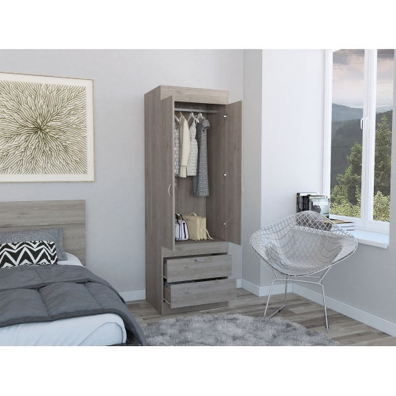 Xukmct 2 Door Storage Cabinet with 2 Drawers and Metal Handle, Cloth Storage Cabinet for Living Room, Bedroom, Light Gray