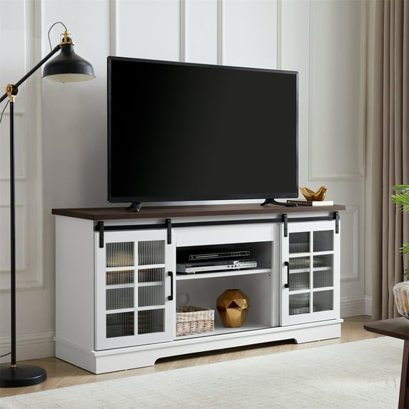 Xukmct 2 Door TV Cabinet with Open Shelves, TV Stand for TVs Up to 65", White+Brown, 59.13"W*15.94"D*27.8"H