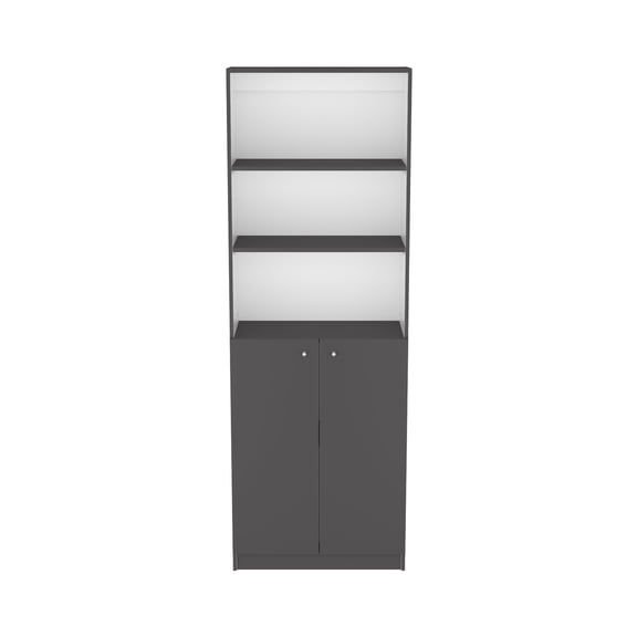 Xukmct 2 Doors Bookcase Bookshelf Book Storage Rack with 2 Inner Shelves and 3 Open Shelves, Gray + White