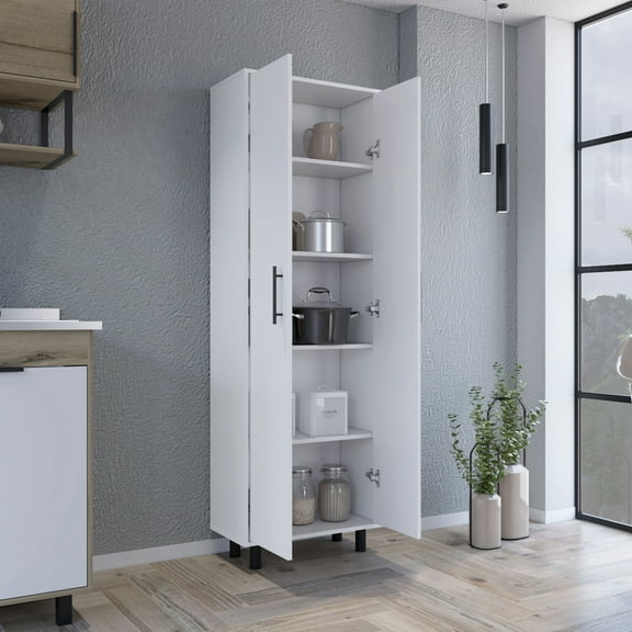 Xukmct 2 Doors Pantry Cabinet with 5 Inner Shelves, Storage Cabinet for Living Room, Dining Room, Kitchen, White