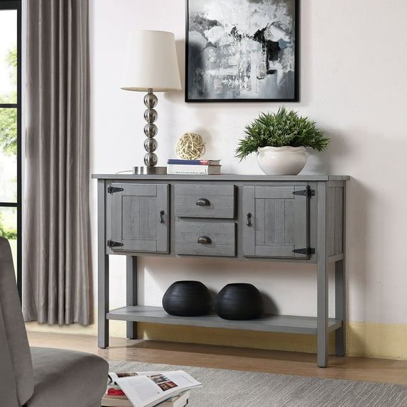 Xukmct 2 Drawers Console Table with Bottom Shelf, Wood Buffet Table for Home, Dining Room, Gray