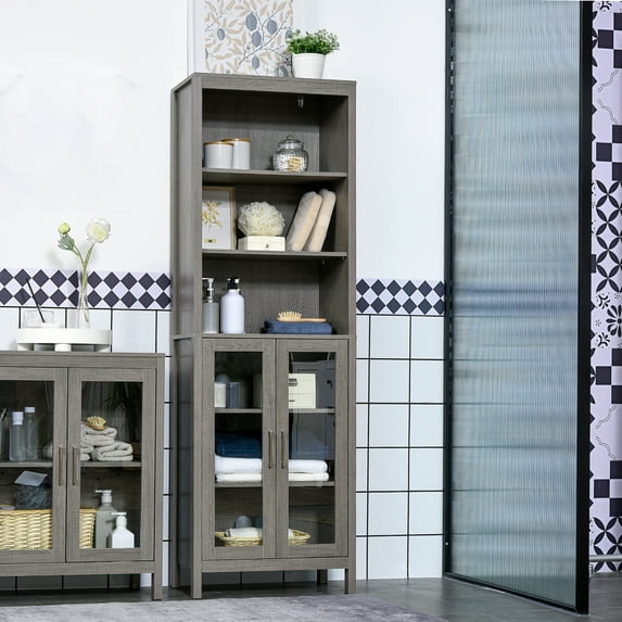 Xukmct 2 Glass Door Tall Bathroom Cabinet with 3 Open Shelves and 3 Inner Shelves, Freestanding Storage Cabinet for Living Room, Bathroom, Gray