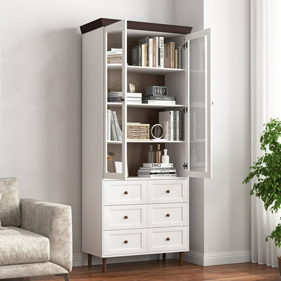 Xukmct 2 Glass Doors Tall Kitchen Pantry Cabinet with Drawers and Shelves, Display Storage Cabinet Cupboard for Kitchen, Living Room