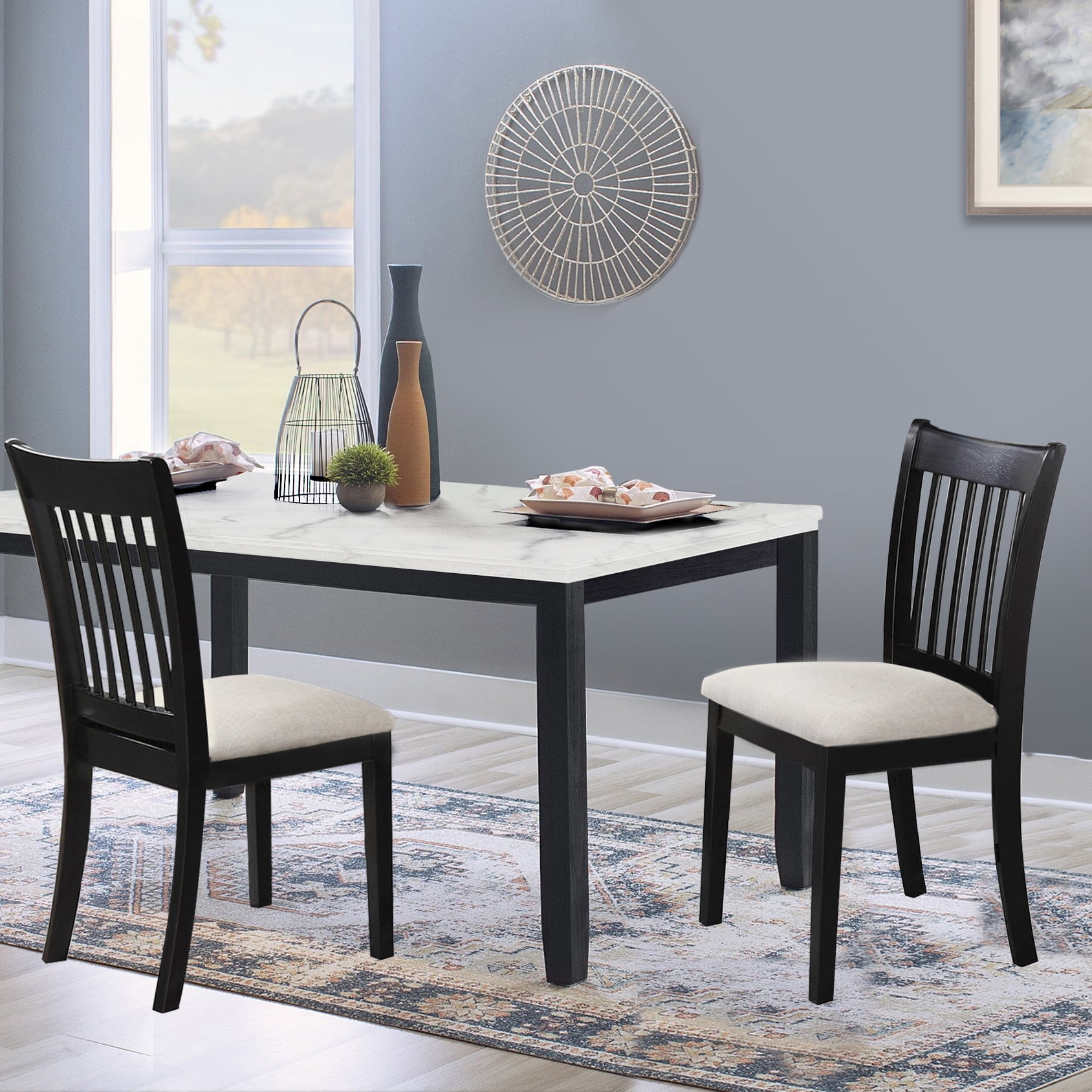 Black Upholstered Wooden Slat Back Dining Chairs, Set of 2