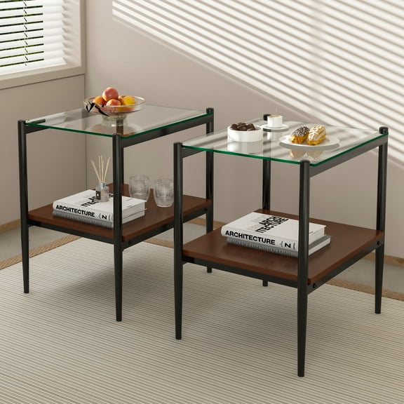 Xukmct 2 Pack End Table with Metal Legs, 2 Tiers Rectangle Tempered Glass Tabletop Coffee Table Side Table for Living Room, Office, Black