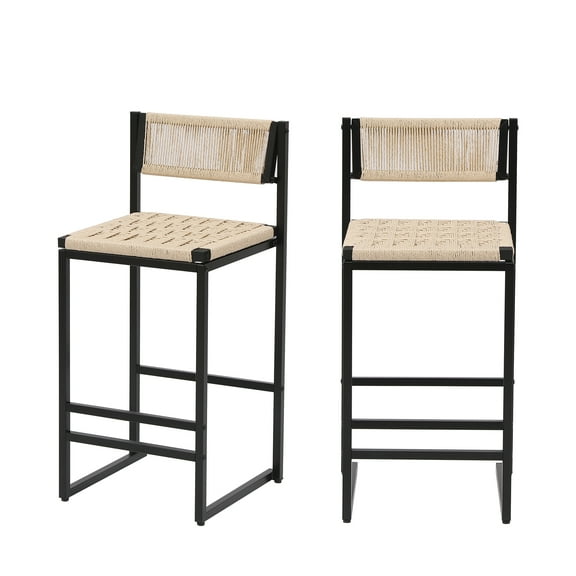Xukmct 2 Pack Metal Frame Bar Stools Bar Chairs with Backrest, Paper Rope Weave Barstools for Kitchen Island, Bar, Cream White