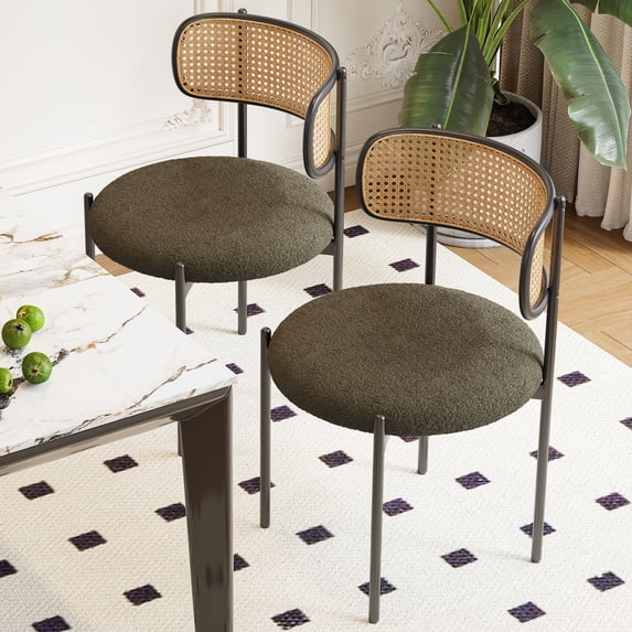 Xukmct 2 Pack Rattan Back Side Chair with Metal Legs, Upholstered Dining Chair for Dining Room, Living Room, Green