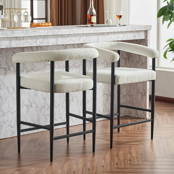 Xukmct 2 Pack Upholstered Boucle Bar Chair with Metal Frame & Armrests, Modern Counter Height Bar Stools for Kitchen Island, Dining Room, Home Bar, White