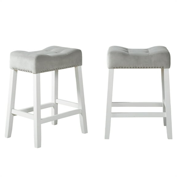 Xukmct 2 Pack Velvet Backless Bar Stools with Footrest, Wood Frame Bar Chair for Home, Dining Room, Bar, White + Gray