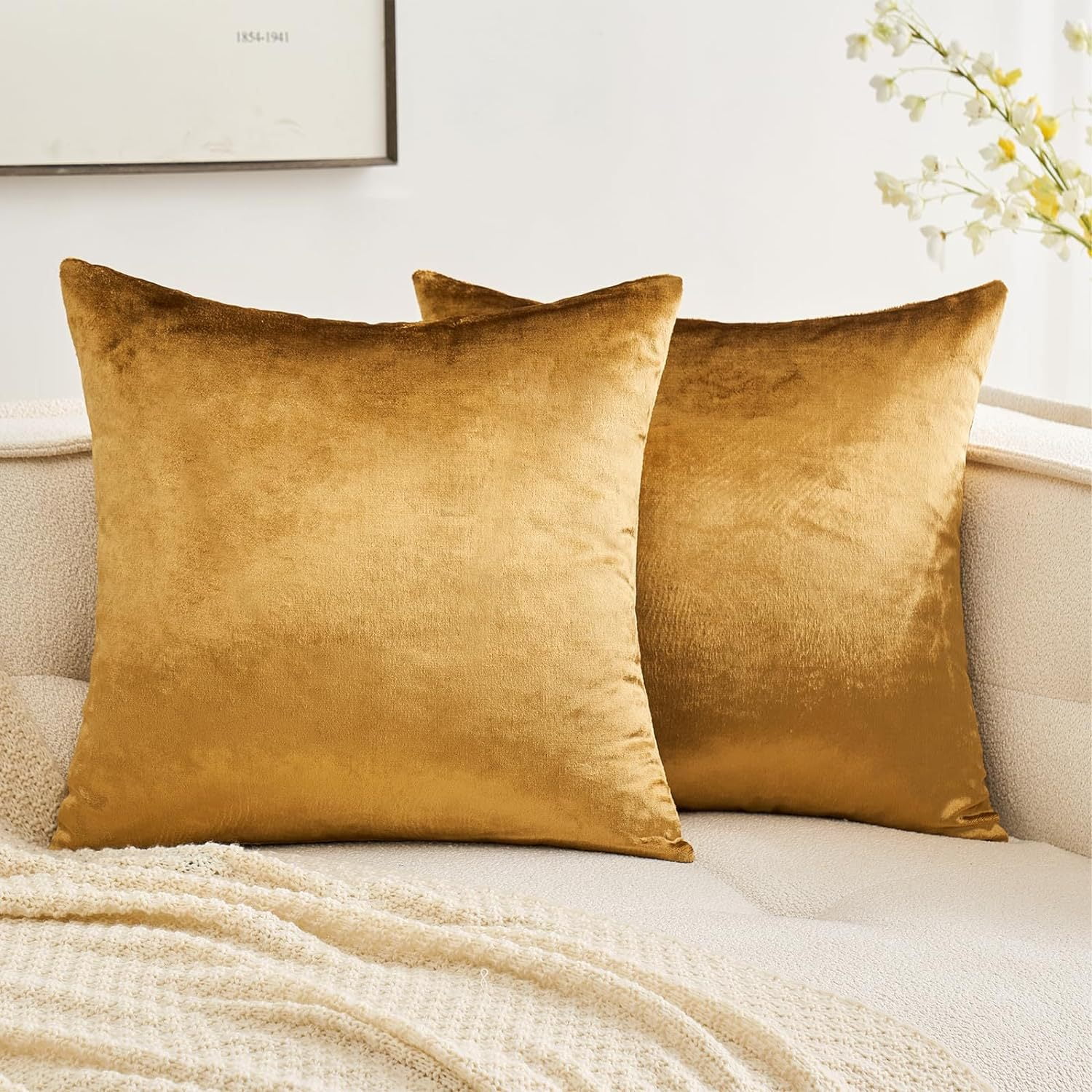 Gold Velvet 18x18 Square Luxury Pillow Covers (2-Pack)