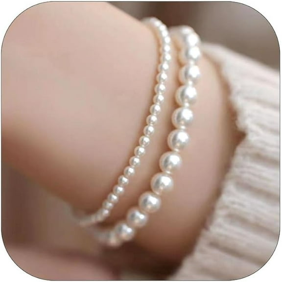 Xukmct 2 Pcs Faux Pearl Bracelets Elastic White Pearl Stretch Braclet for Women, 4+6mm