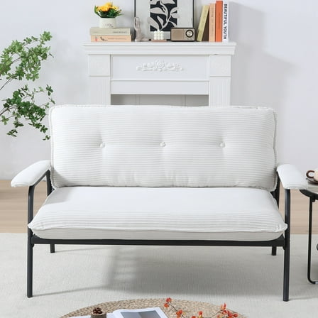Xukmct 2 Seater Upholstered Sofa Couch with Metal Frame, 53 inch Corduroy Loveseat Sofa for Living Room, Office, Bedroom, White