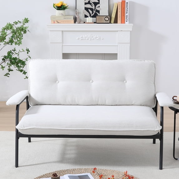 Xukmct 2 Seater Upholstered Sofa Couch with Metal Frame, 53 inch Corduroy Loveseat Sofa for Living Room, Office, Bedroom, White