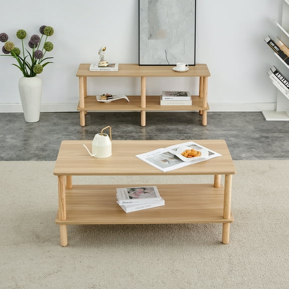 Xukmct 2 Tier Coffee Table with Open Storage Shelf, Rectangular Center Table for Living Room, Office, Brown