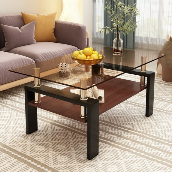 Xukmct 2 Tiers Rectangle Tempered Glass Tabletop Coffee Table with Black Legs, Modern Tea Table Center Table for Living Room, Brown Glass