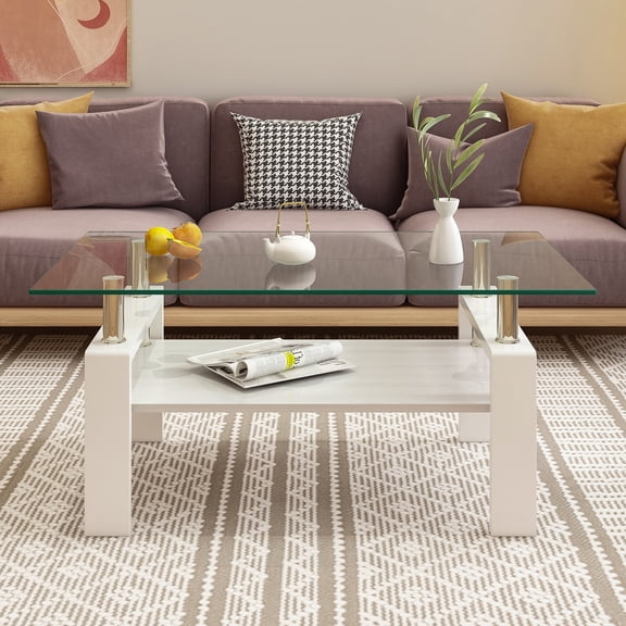 Xukmct 2 Tiers Rectangle Tempered Glass Tabletop Coffee Table with MDF Legs, Modern Tea Table Center Table for Living Room, White