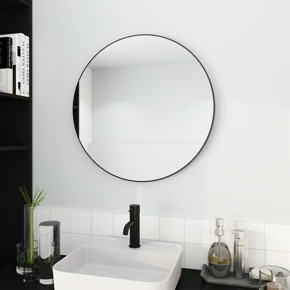 Xukmct 24" Black Aluminum Alloy Frame Round Wall Mirror Makeup Mirror for Living Room, Bathroom
