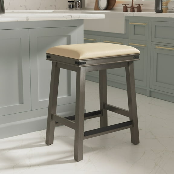 Xukmct 24" Gray Leather Seat Backless Bar Stool with Footrest, Upholstered Barstool for Home Bar Dining Room, Gray