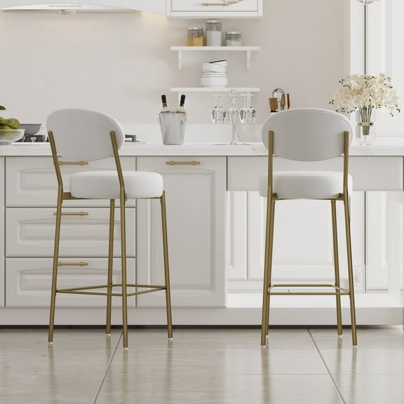 Xukmct 29" Seat Height Velvet Bar Stools with Golden Metal Legs, Upholstered Counter Stool for Kitchen, Bar, Dining Room, Set of 2, Cream White