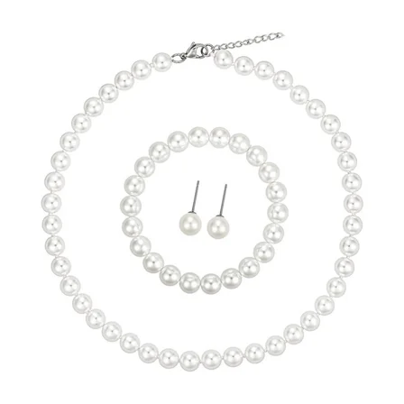 Xukmct 3 Pack 8mm Round Imitation Pearls Necklace Earring Bracelet Set Wedding Pearl Jewelry for Women