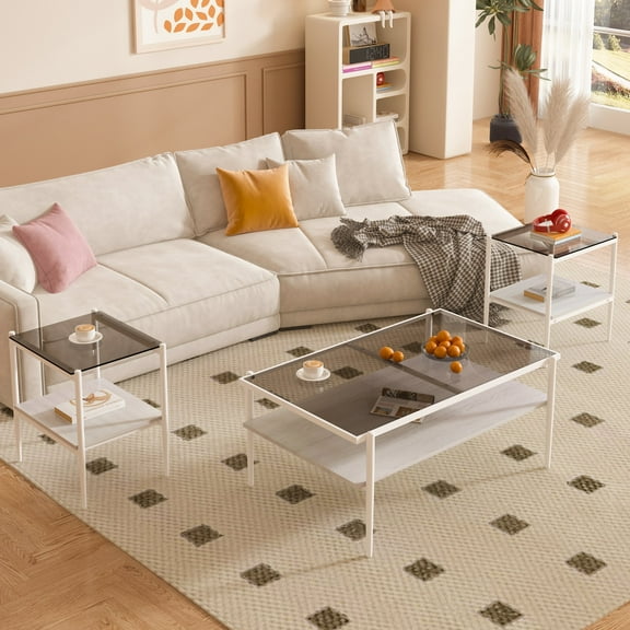 Xukmct 3 Pack Rectangle Tea Table Coffee Table with Metal Frame, Gray Tempered Glass End Table Side Table for Living Room, Offiec, White