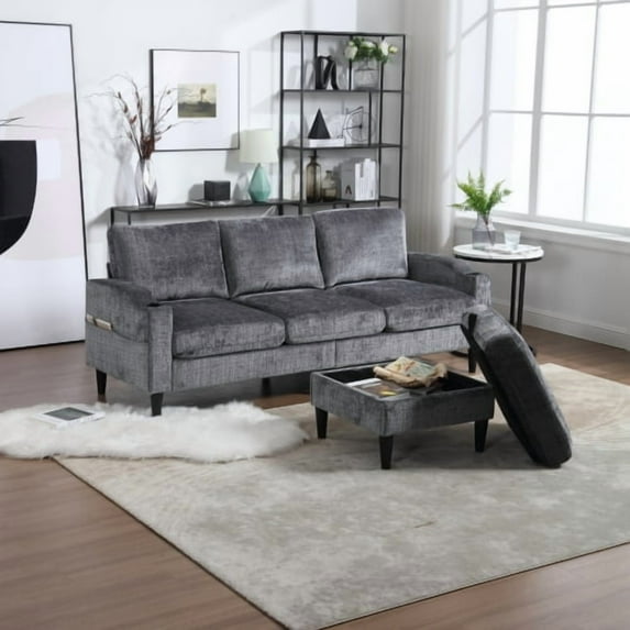 Xukmct 3 Seater Loveseat Sofa with Ottomam and Wood Legs, Polyester Sofa Couch for Living Room, Office
