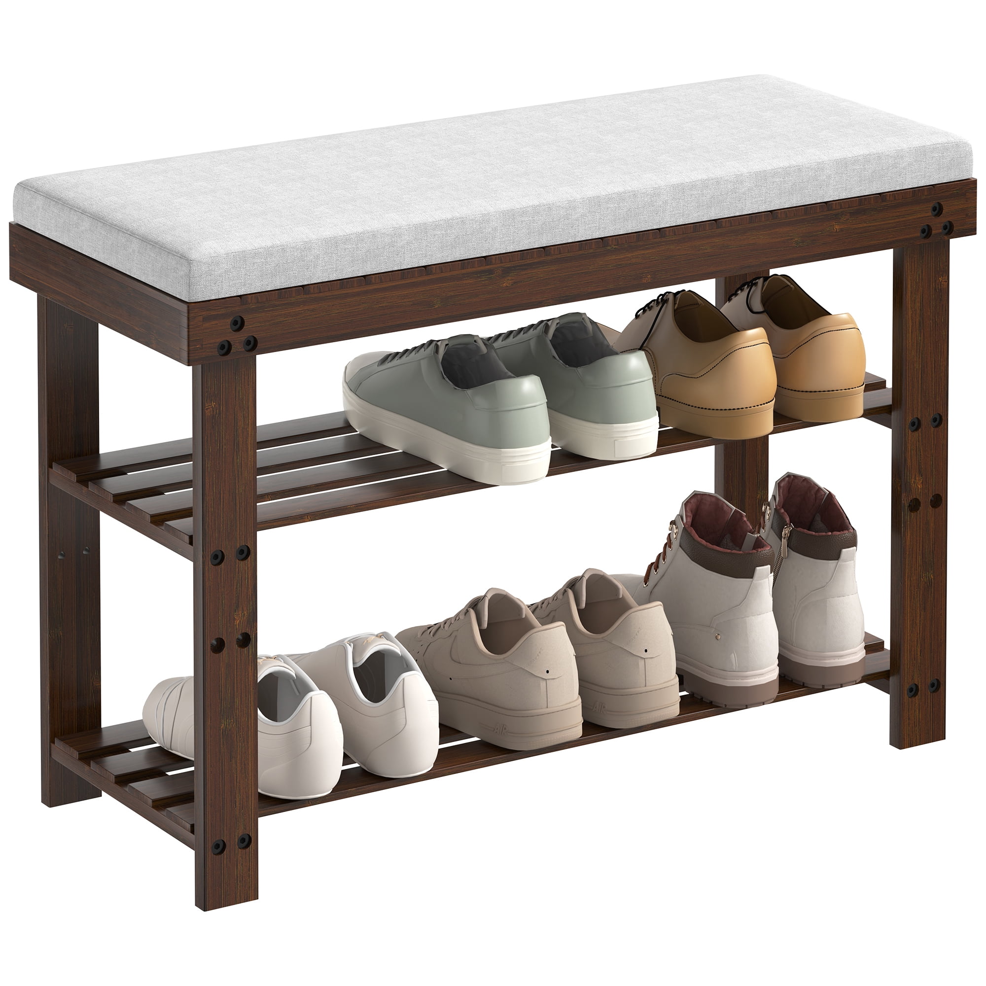 Xukmct 3 Tier Bamboo Frame Shoe Bench with Open Shelf, Upholstered ...