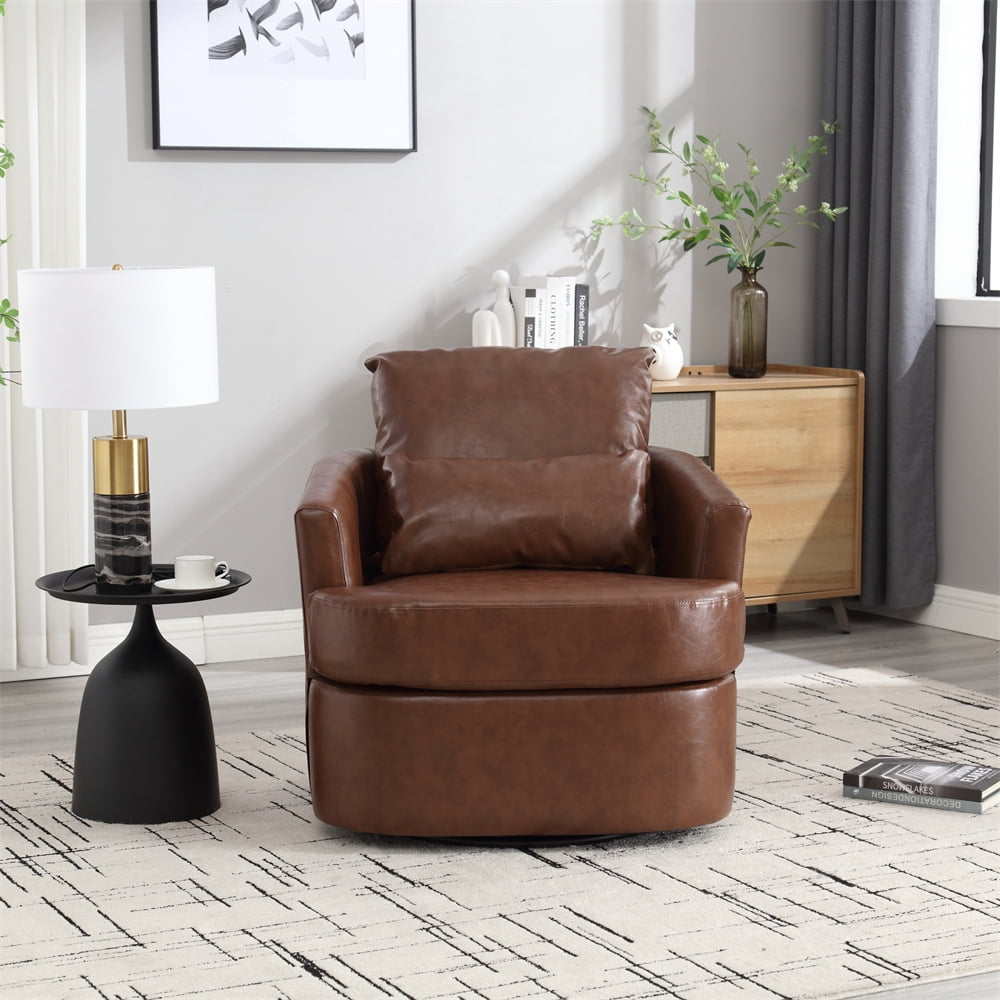 Xukmct 360 Degree Swivel Round Accent Chair with Metal Base, PU Leather ...
