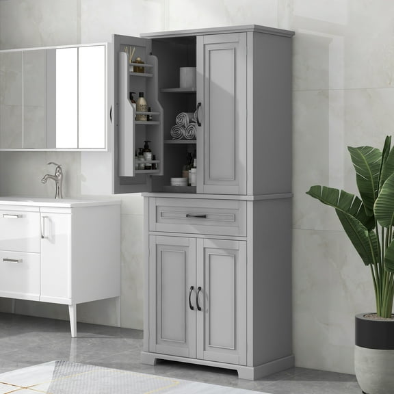 Xukmct 4 Doors Bathroom Storage Cabinet with 1 Drawer and 6 Shelf, Storage Cabinet for Living Room, Bathroom, Gray