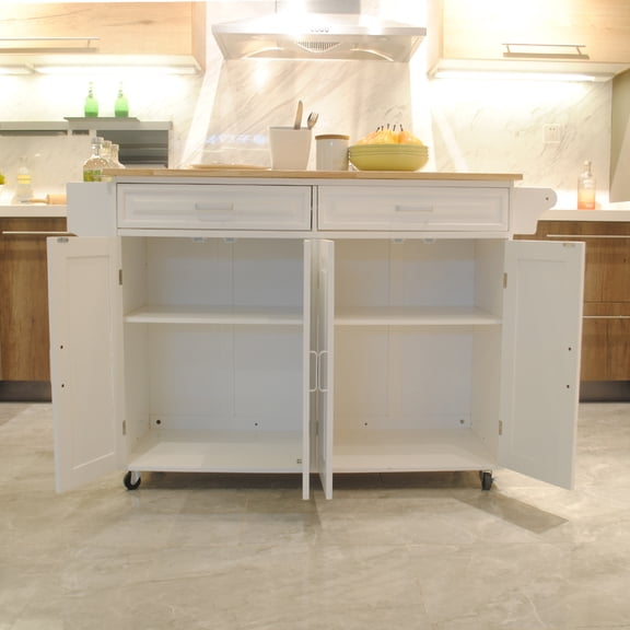 Xukmct 4 Doors Rolling Cart with Shelf and Wheels and 2 Drawers, Wood Top Kitchen Island for Dining Room, Kitchen, Bar, White