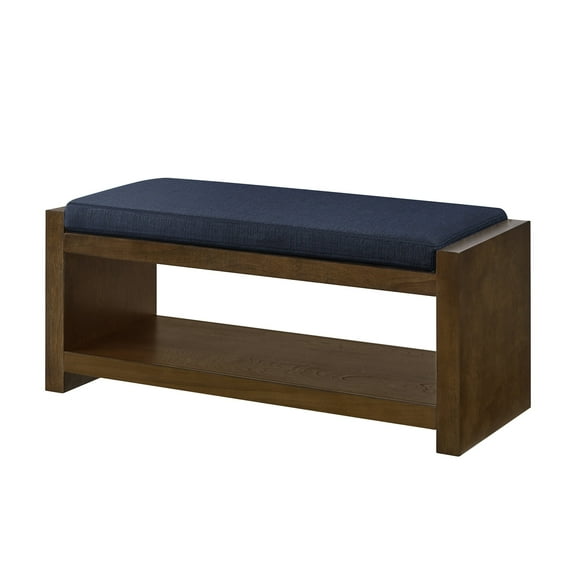 Xukmct 40" Wood Frame Bench with Lower Shelf, Upholstered Removable Padded Seat Cushion Bench for Living Room, Bedroom, Navy Blue