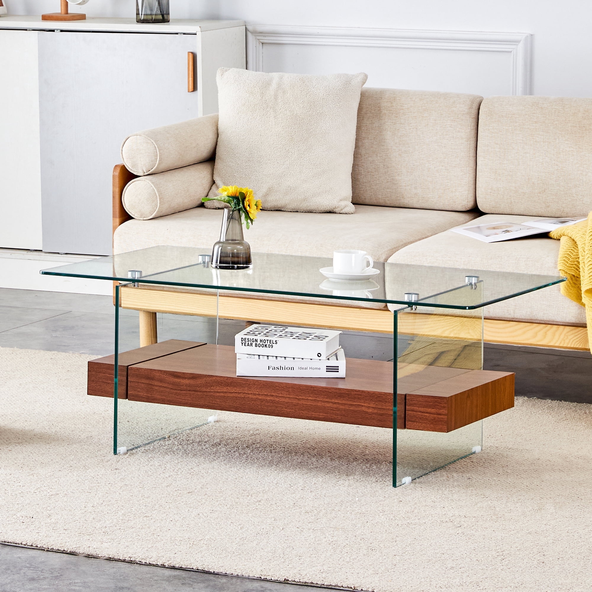 Xukmct 43.3 Inch Rectangle Coffee Table with Tempered Glass Top and ...